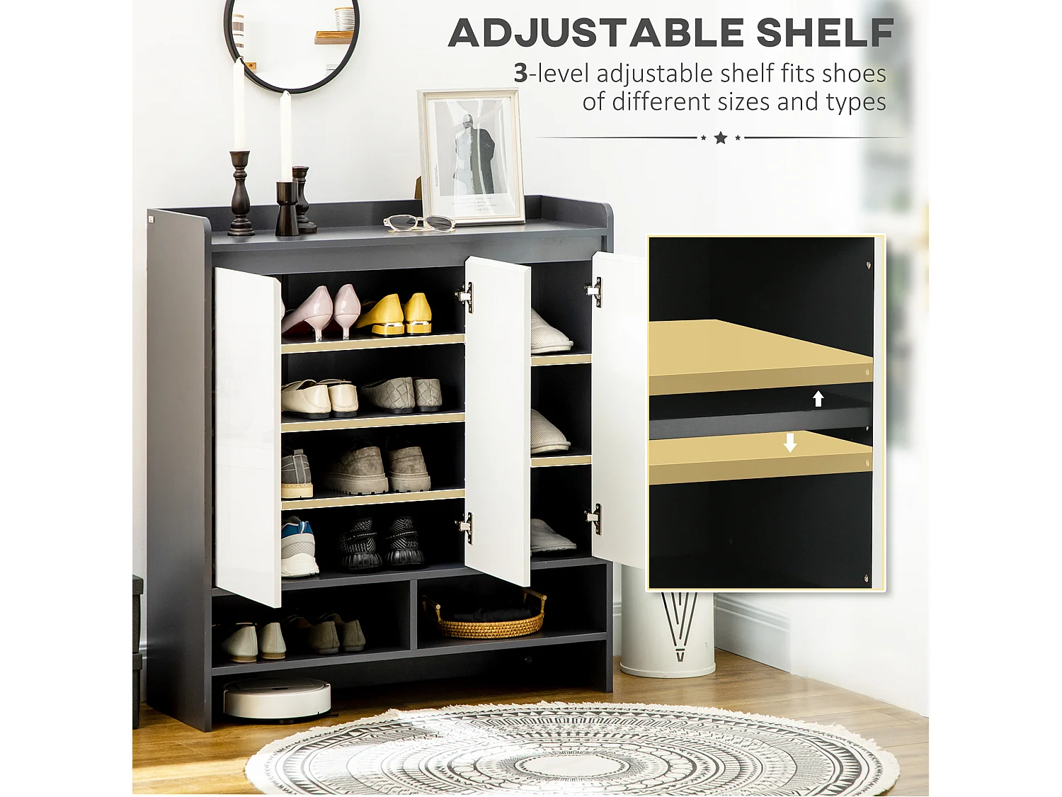HOMCOM Storage Cabinet with High Gloss White Doors for 19 Pairs of Shoes