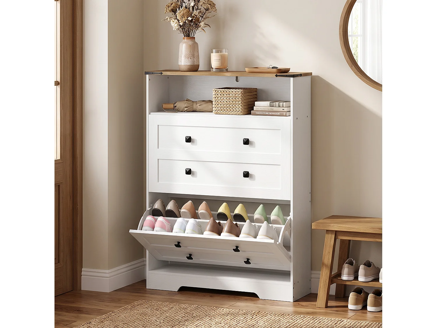 HOMCOM Narrow Shoe Cabinet, Shoe Storage Cabinet with 2 Flip Drawers, White