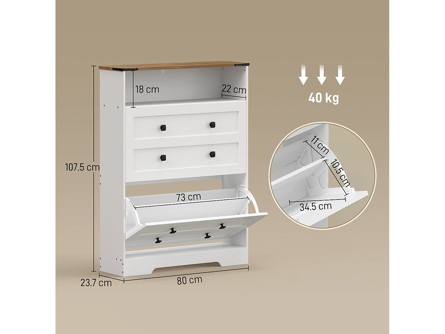 HOMCOM Narrow Shoe Cabinet, Shoe Storage Cabinet with 2 Flip Drawers, White