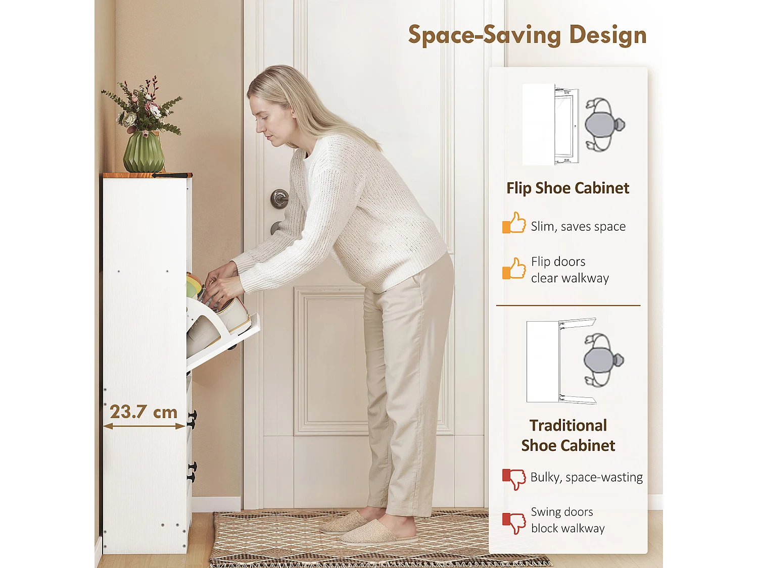 HOMCOM Narrow Shoe Cabinet, Shoe Storage Cabinet with 2 Flip Drawers, White