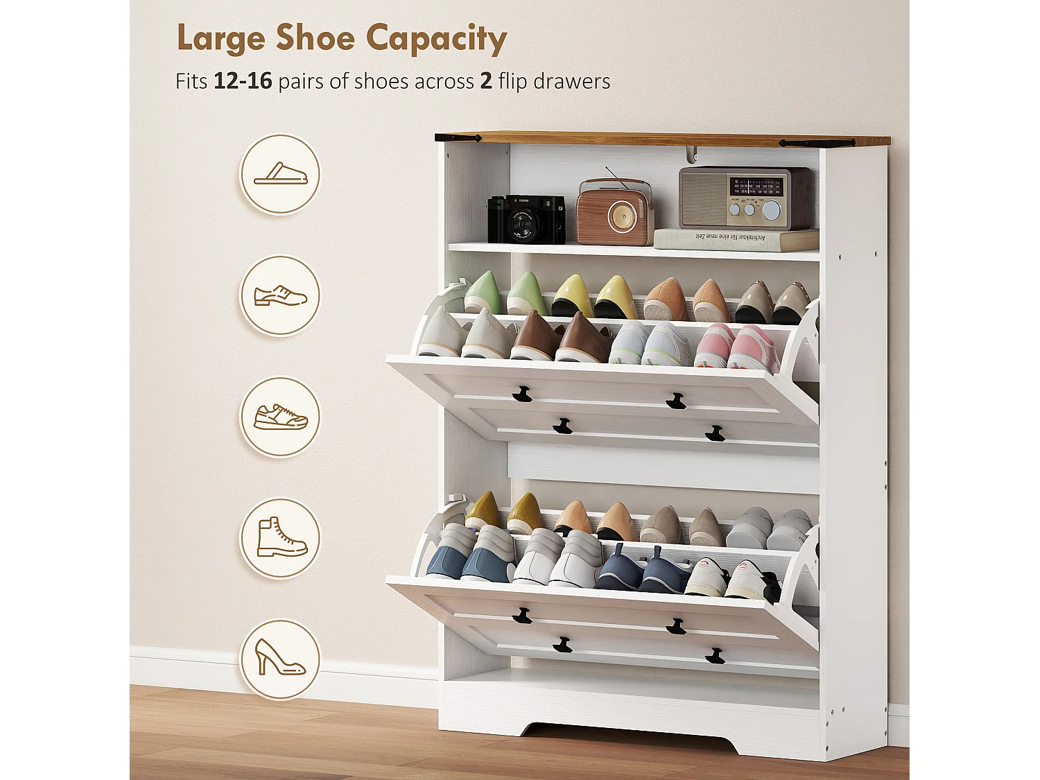 HOMCOM Narrow Shoe Cabinet, Shoe Storage Cabinet with 2 Flip Drawers, White