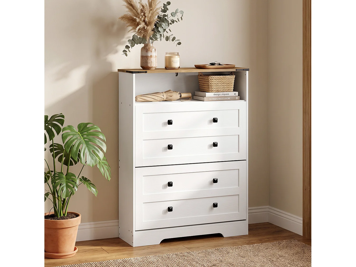 HOMCOM Narrow Shoe Cabinet, Shoe Storage Cabinet with 2 Flip Drawers, White