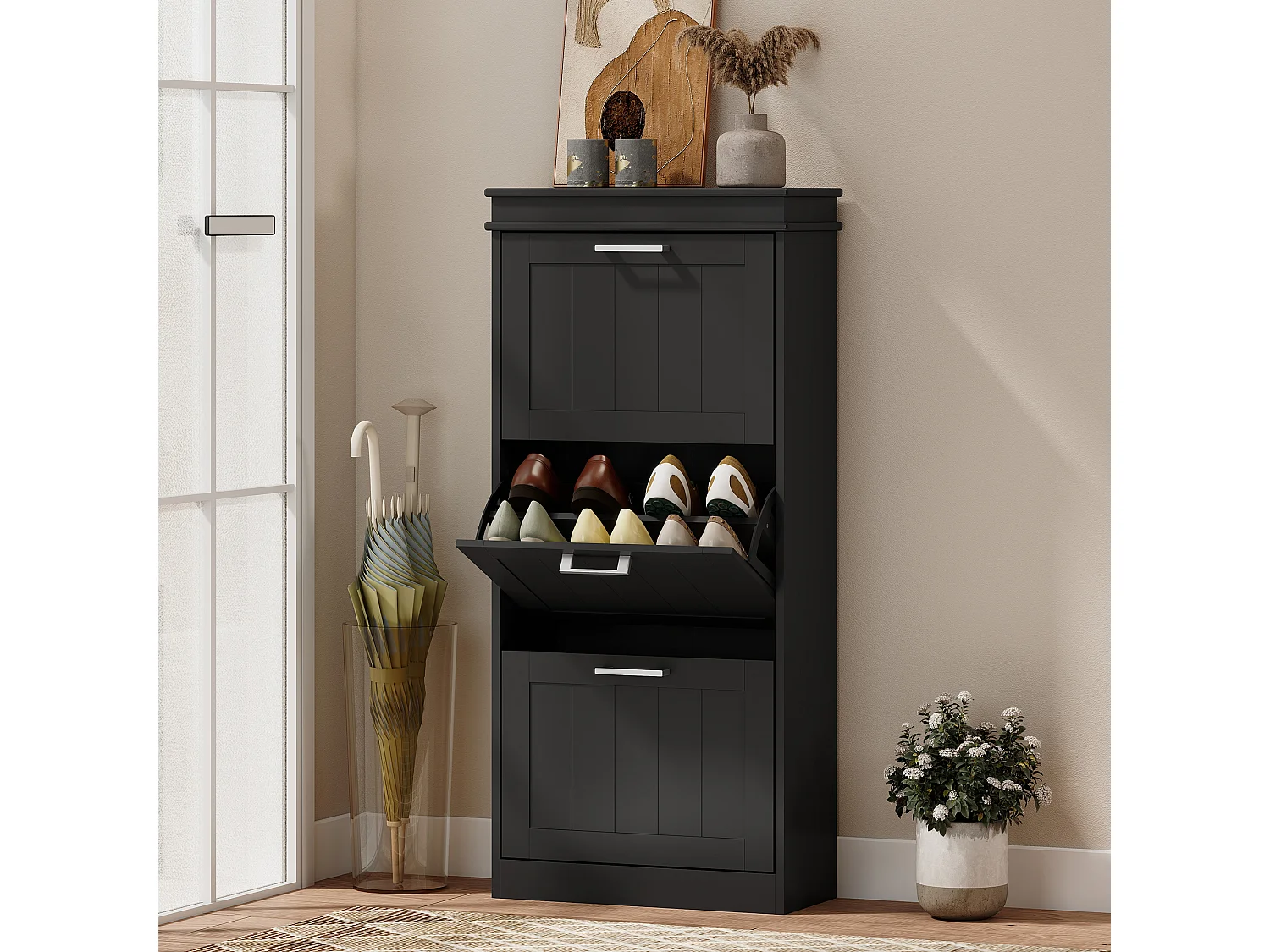 HOMCOM Slim Shoe Storage Cabinet with 3 Flip Drawers for Entryway, Black