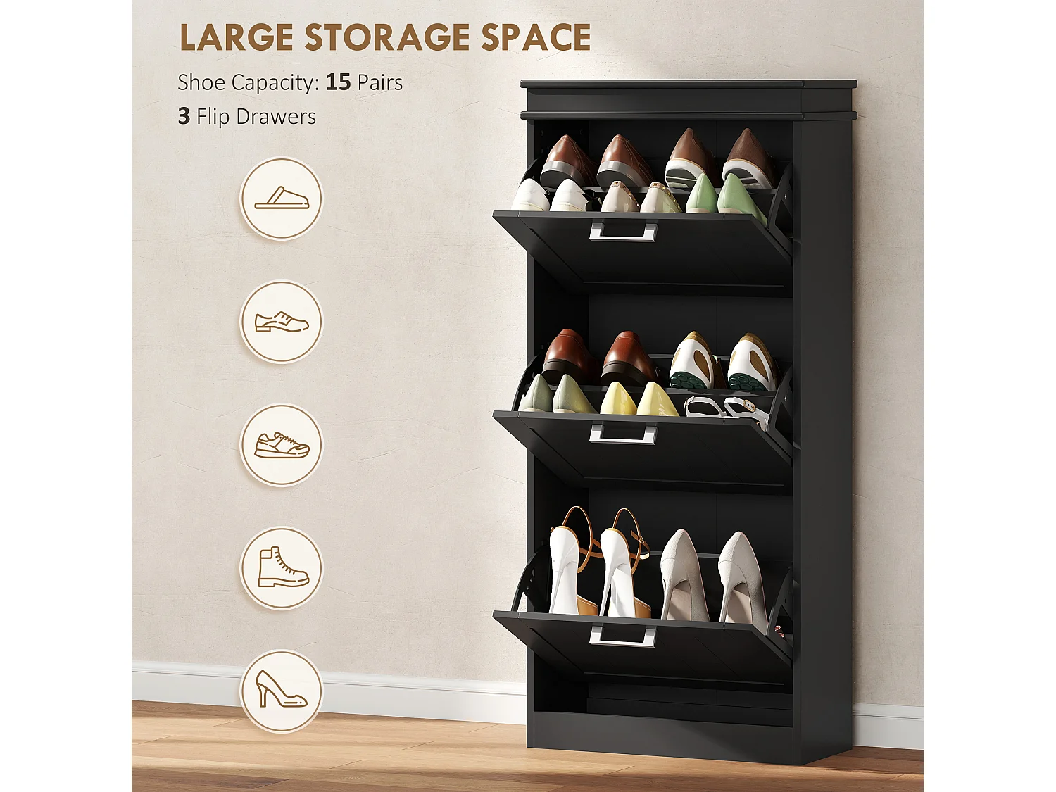 HOMCOM Slim Shoe Storage Cabinet with 3 Flip Drawers for Entryway, Black