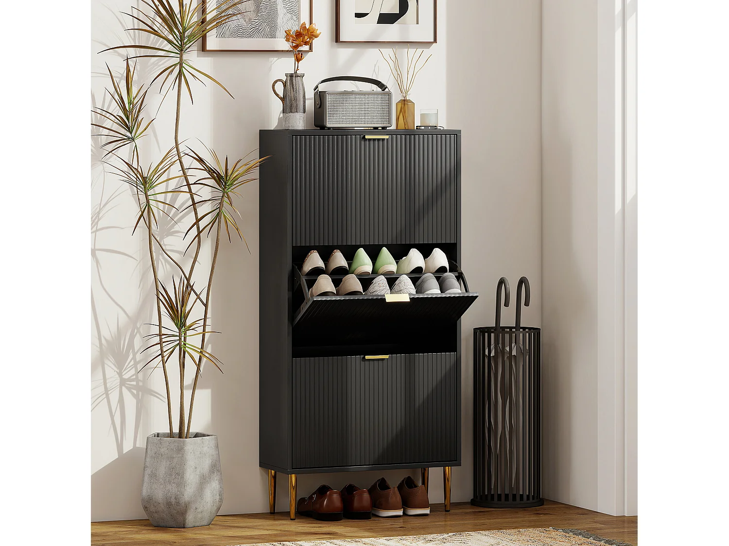 HOMCOM Slim Shoe Storage Cabinet with 3 Flip Drawers for Hallway, Black