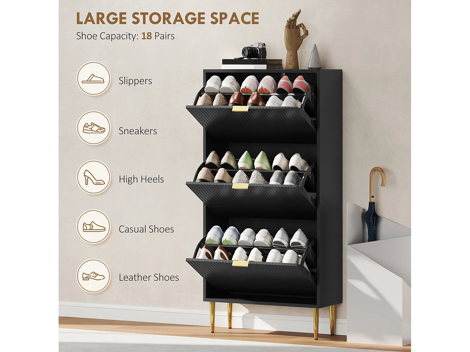 HOMCOM Slim Shoe Storage Cabinet with 3 Flip Drawers for Hallway, Black