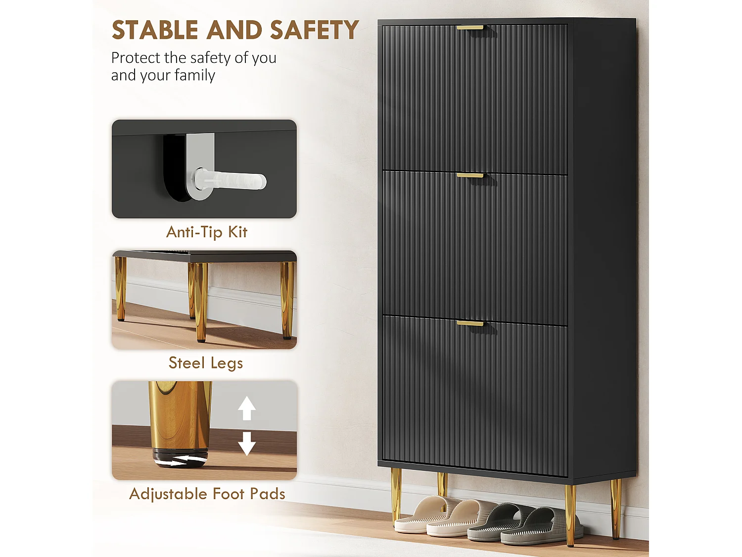HOMCOM Slim Shoe Storage Cabinet with 3 Flip Drawers for Hallway, Black