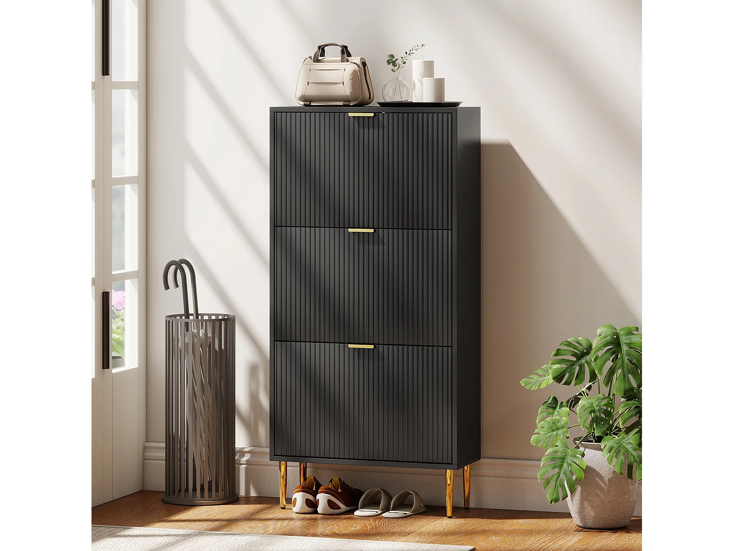 HOMCOM Slim Shoe Storage Cabinet with 3 Flip Drawers for Hallway, Black