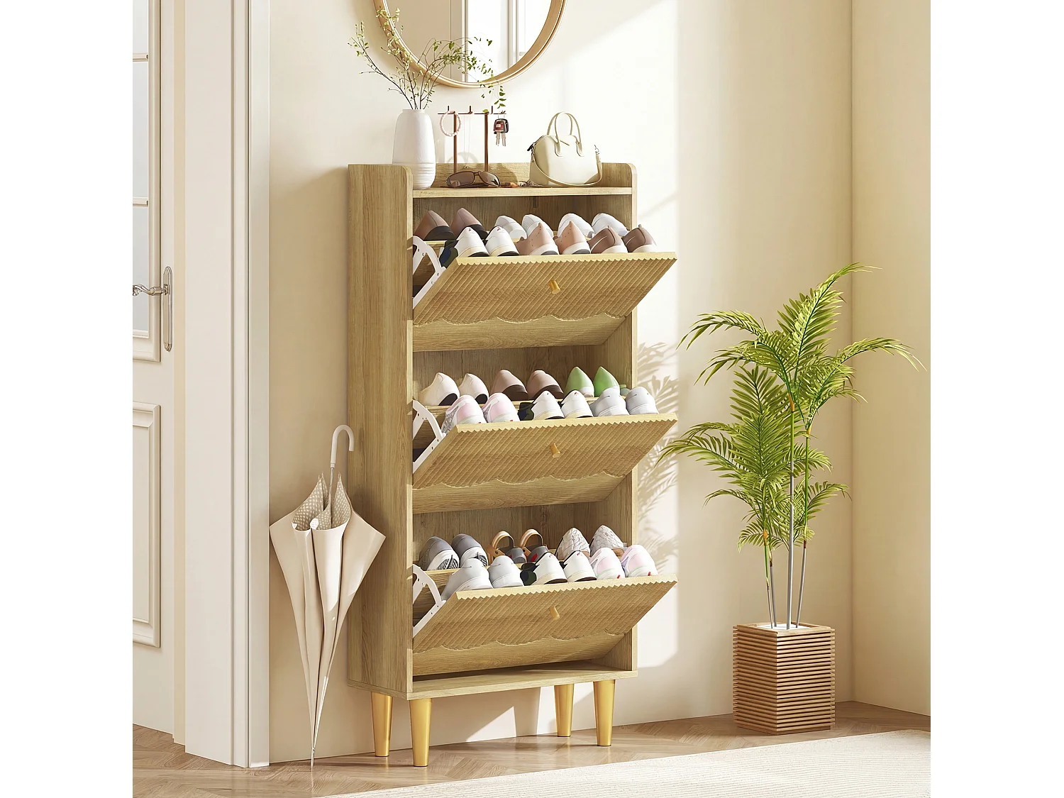 HOMCOM Narrow Shoe Cabinet, Shoe Storage Cabinet with 3 Flip Drawers, Oak