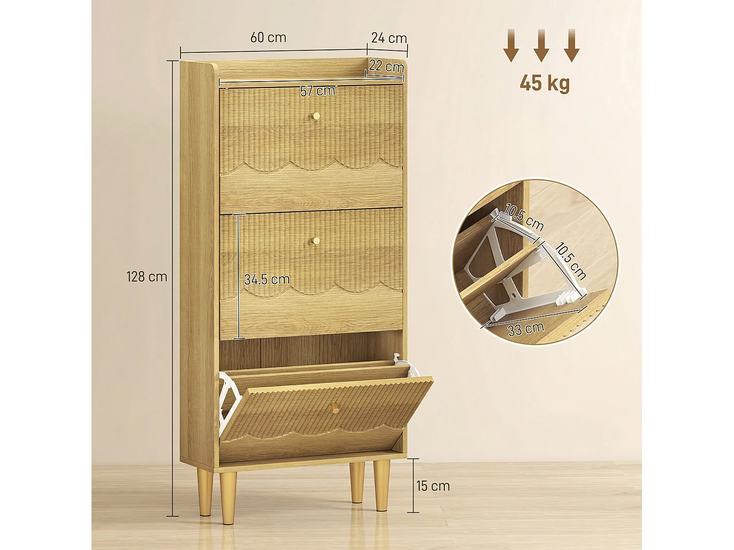 HOMCOM Narrow Shoe Cabinet, Shoe Storage Cabinet with 3 Flip Drawers, Oak