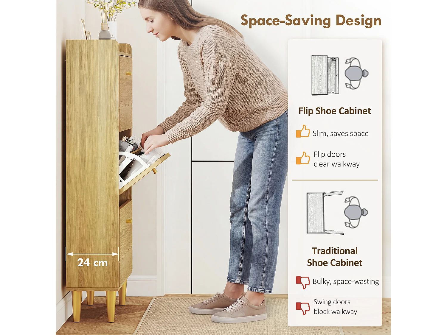 HOMCOM Narrow Shoe Cabinet, Shoe Storage Cabinet with 3 Flip Drawers, Oak