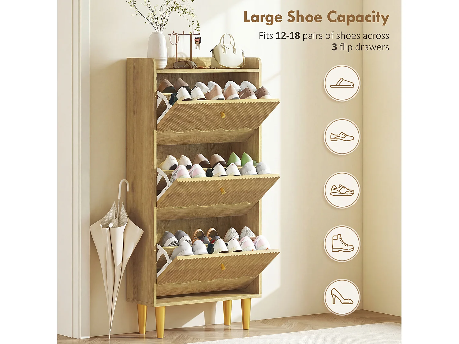 HOMCOM Narrow Shoe Cabinet, Shoe Storage Cabinet with 3 Flip Drawers, Oak