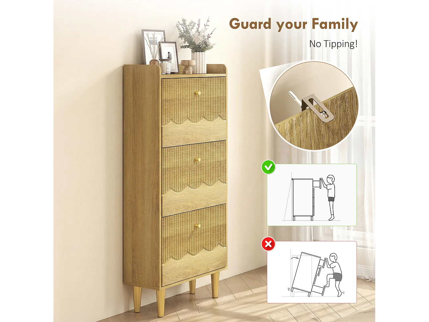 HOMCOM Narrow Shoe Cabinet, Shoe Storage Cabinet with 3 Flip Drawers, Oak