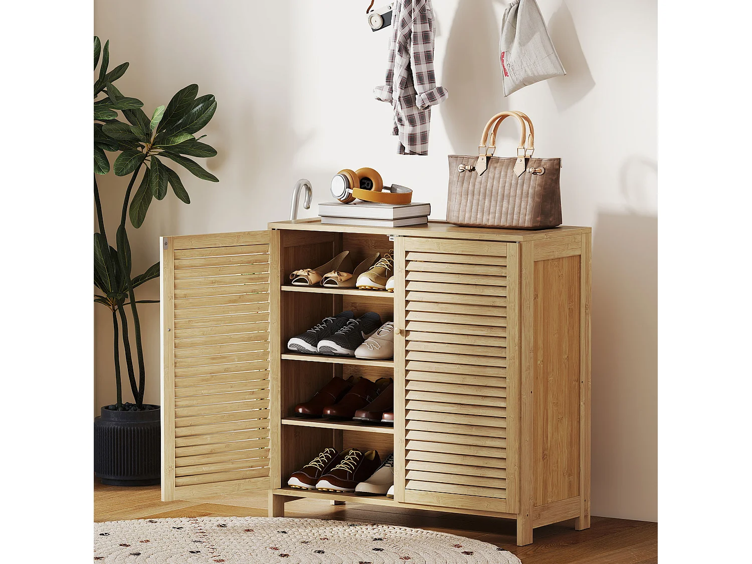 HOMCOM Bamboo Shoe Cabinet with Louvered Doors 14 Pairs Shoe Storage Cabinet