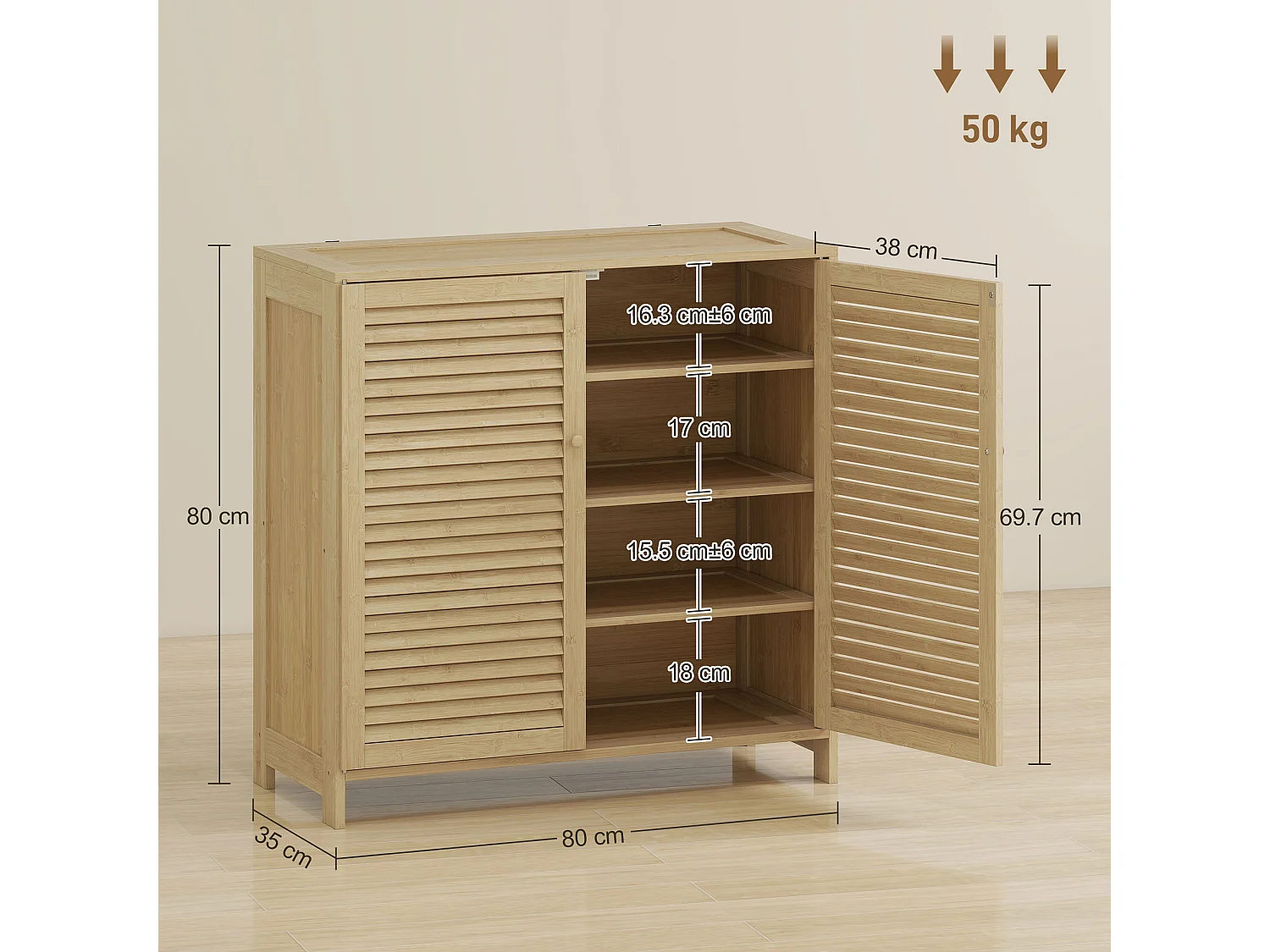 HOMCOM Bamboo Shoe Cabinet with Louvered Doors 14 Pairs Shoe Storage Cabinet