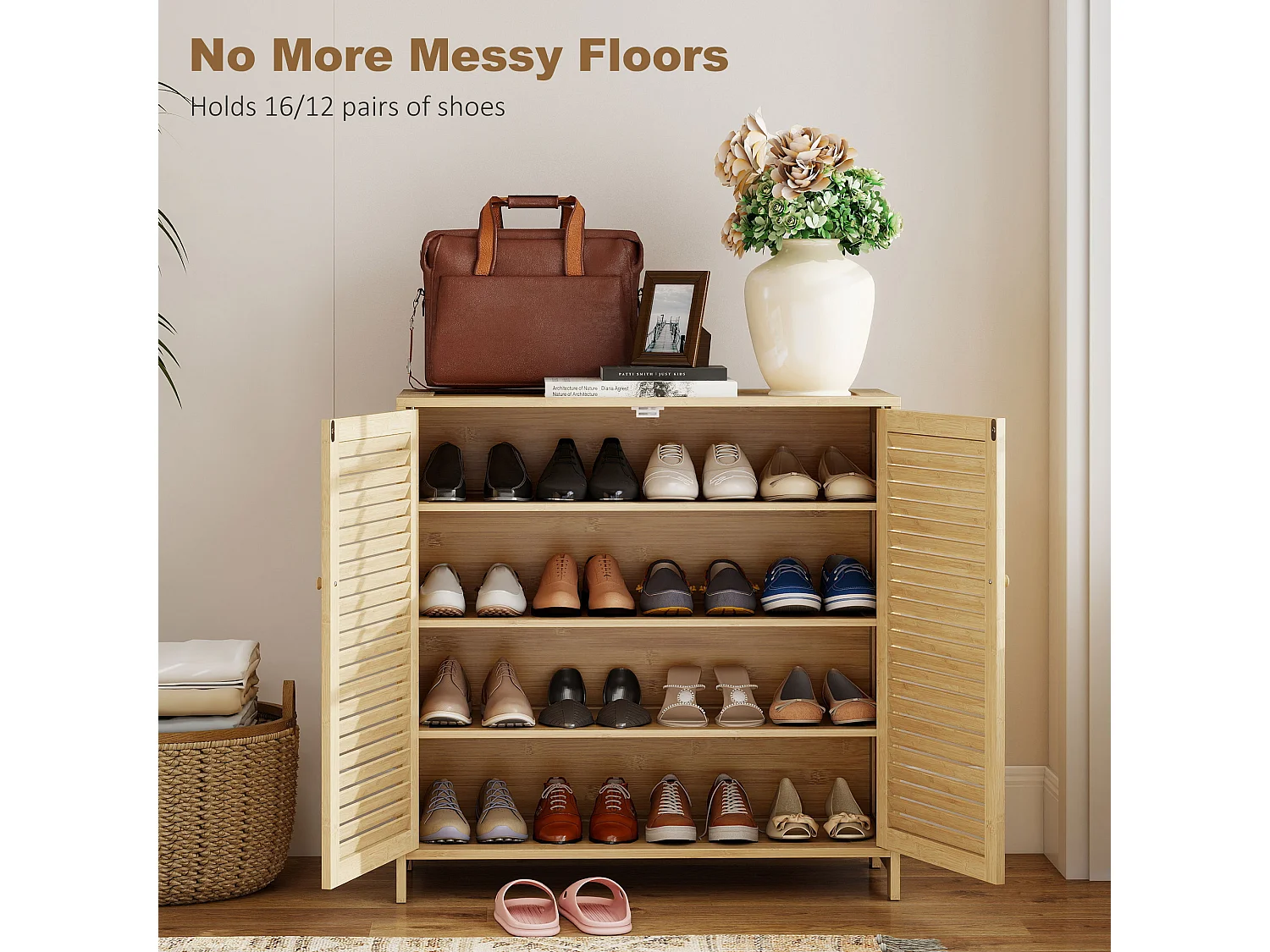HOMCOM Bamboo Shoe Cabinet with Louvered Doors 14 Pairs Shoe Storage Cabinet