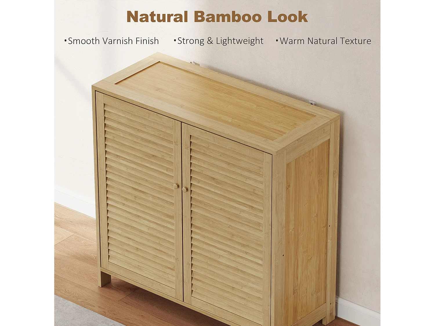 HOMCOM Bamboo Shoe Cabinet with Louvered Doors 14 Pairs Shoe Storage Cabinet