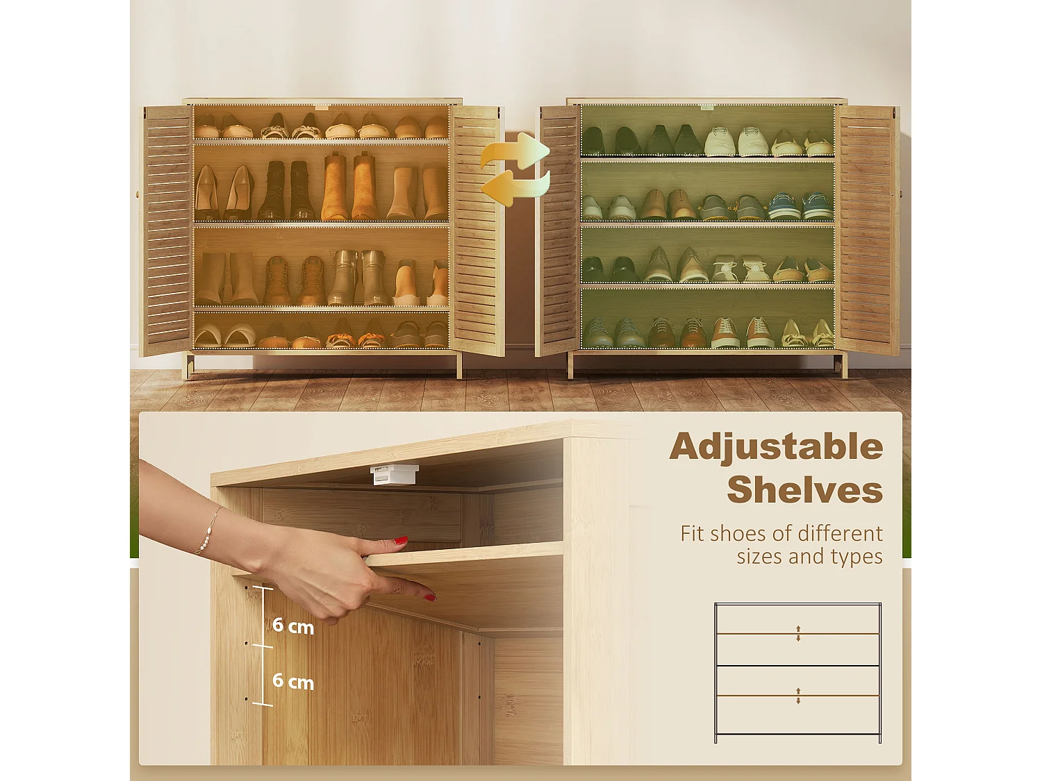 HOMCOM Bamboo Shoe Cabinet with Louvered Doors 14 Pairs Shoe Storage Cabinet
