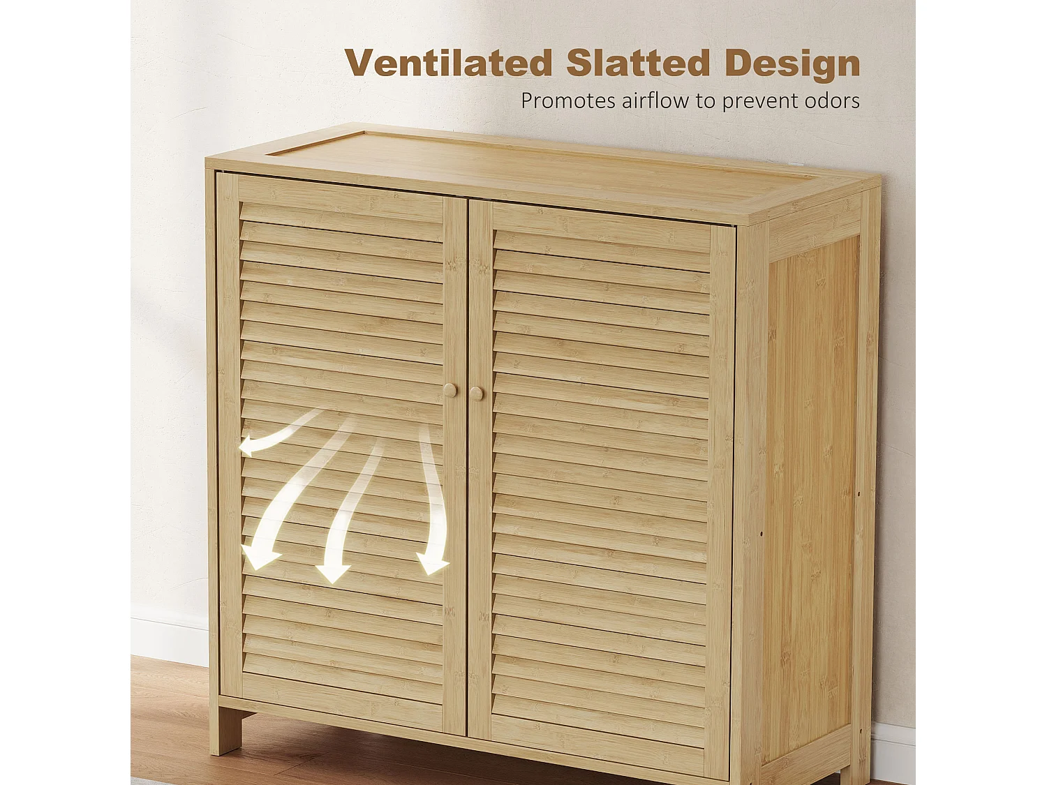 HOMCOM Bamboo Shoe Cabinet with Louvered Doors 14 Pairs Shoe Storage Cabinet