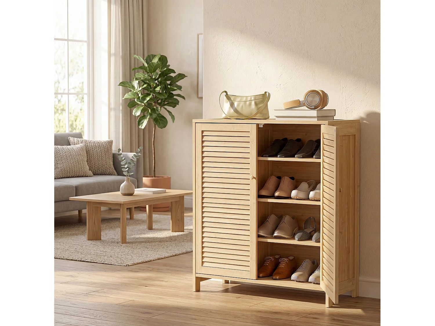 HOMCOM Bamboo Shoe Cabinet with Louvered Doors 14 Pairs Shoe Storage Cabinet