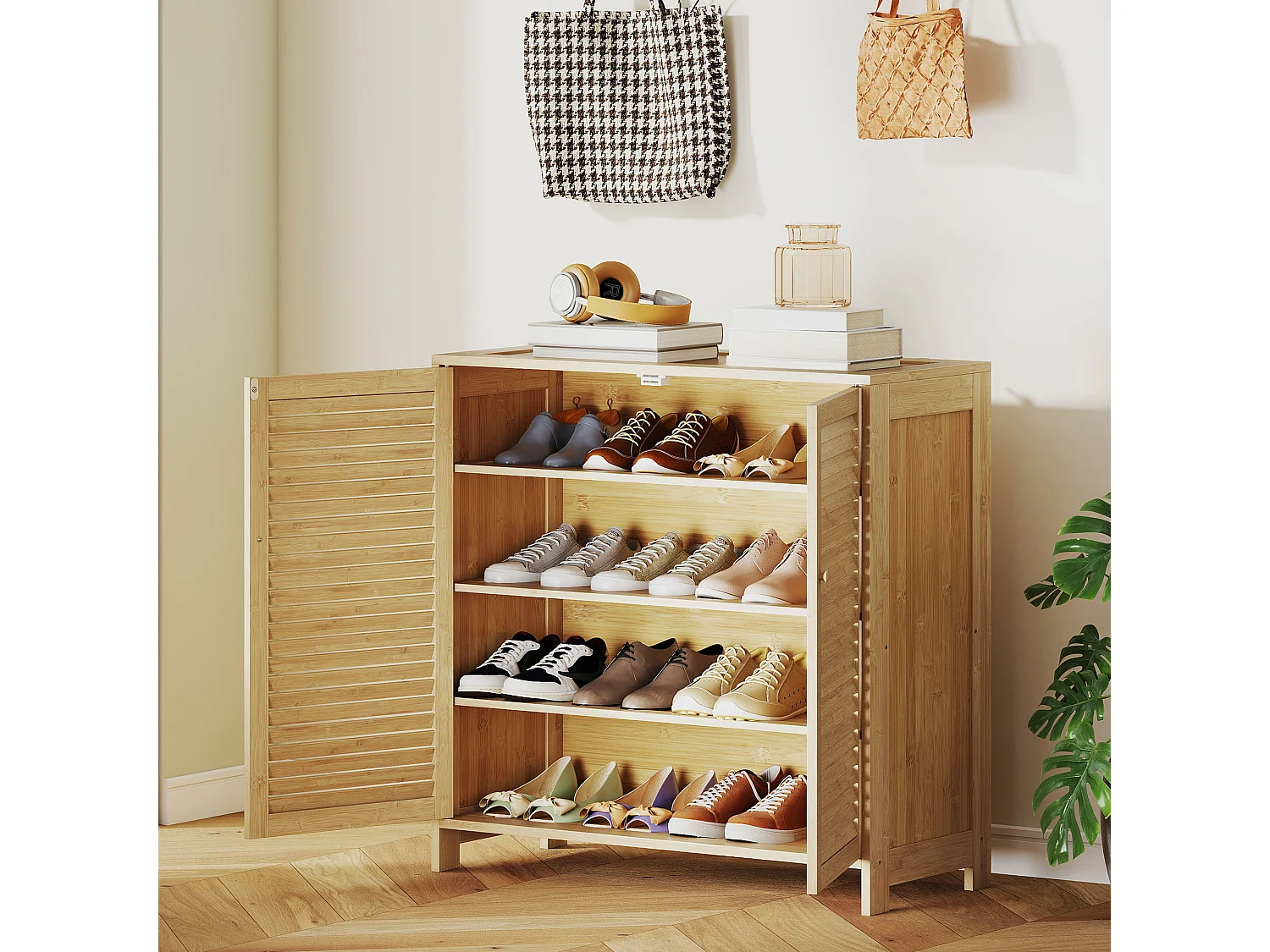 HOMCOM Bamboo Shoe Cabinet with Louvered Doors 14 Pairs Shoe Storage Cabinet