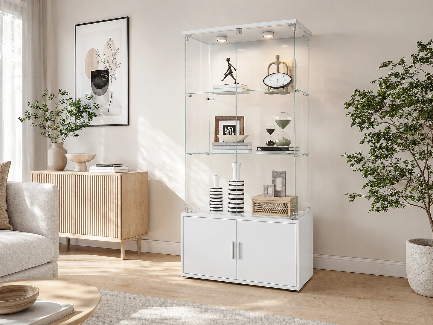 Vitrine en Verre avec LED, Armoire de Vitrine Blanc Moderne avec 2 Portes et 3 Étagères en Verre ESG, Meuble d’Exposition pour Salon, 166 x 79 x 35 cm