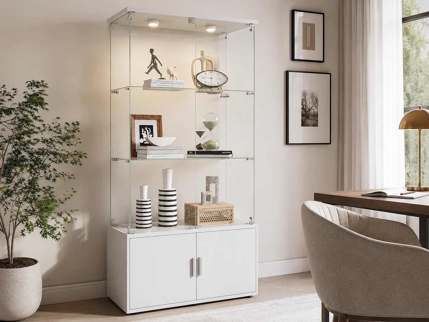 Vitrine en Verre avec LED, Armoire de Vitrine Blanc Moderne avec 2 Portes et 3 Étagères en Verre ESG, Meuble d’Exposition pour Salon, 166 x 79 x 35 cm