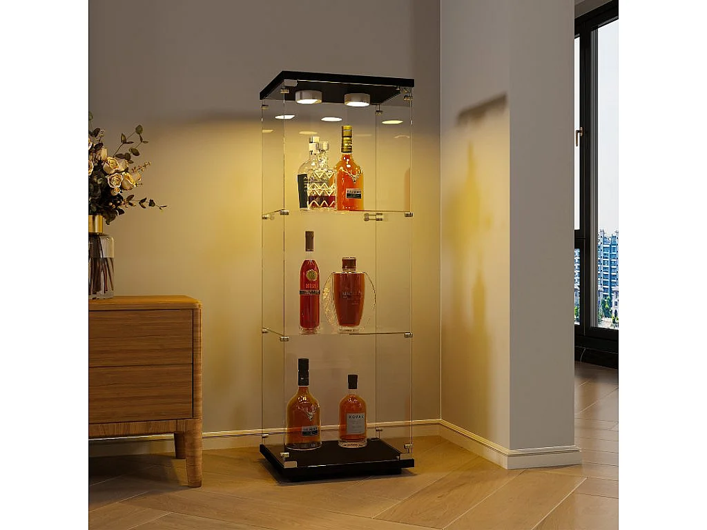 Vitrine en Verre avec LED, Armoir de Vitrine pour Collection Moderne avec 1 Portes et 3 étagères en Verre ESG, pour Le Bar, Le Salon, 125 x 43 x 37 cm, Noir