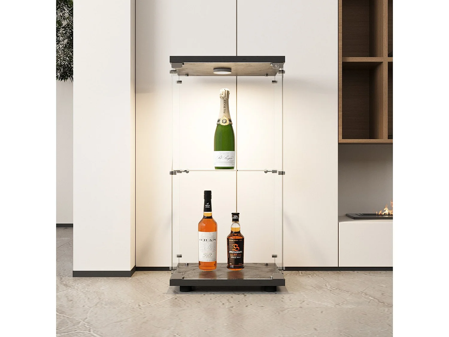 Vitrine en Verre avec LED, Armoir de Vitrine pour Collection Moderne avec 1 Portes et 2 étagères en Verre ESG, pour Le Bar, Le Salon, 86 x 43 x 37 cm, Noir