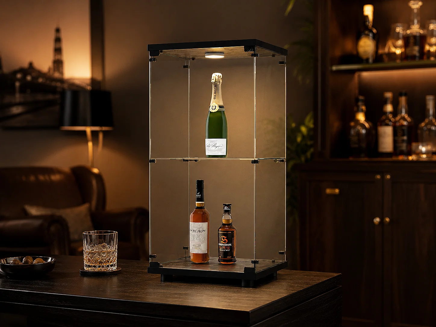 Vitrine en Verre avec LED, Armoir de Vitrine pour Collection Moderne avec 1 Portes et 2 étagères en Verre ESG, pour Le Bar, Le Salon, 86 x 43 x 37 cm, Noir