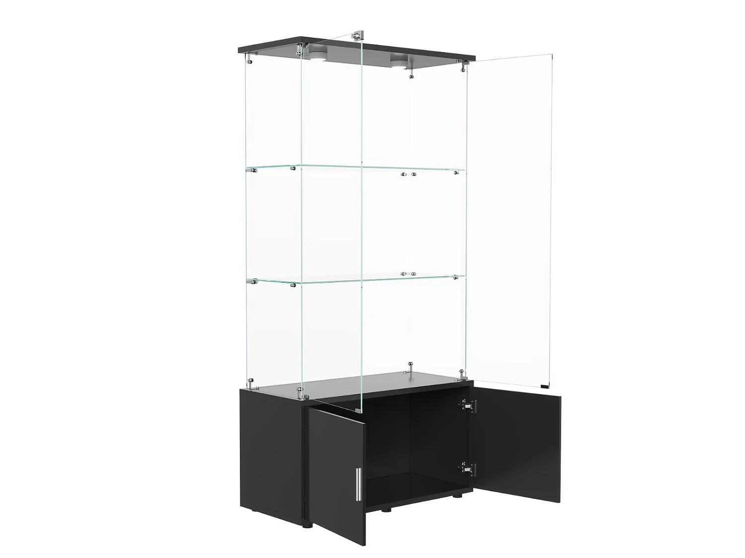 Vitrine en Verre avec LED, Armoire de Vitrine Noire Moderne avec 2 Portes et 3 Étagères en Verre ESG, Meuble d’Exposition pour Salon, 166 x 79 x 35 cm