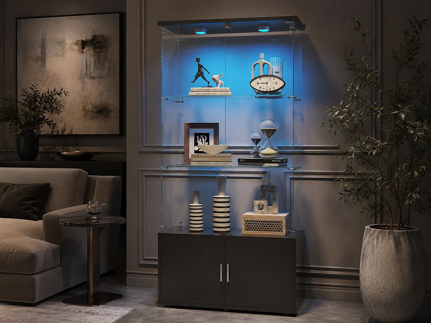 Vitrine en Verre avec LED, Armoire de Vitrine Noire Moderne avec 2 Portes et 3 Étagères en Verre ESG, Meuble d’Exposition pour Salon, 166 x 79 x 35 cm