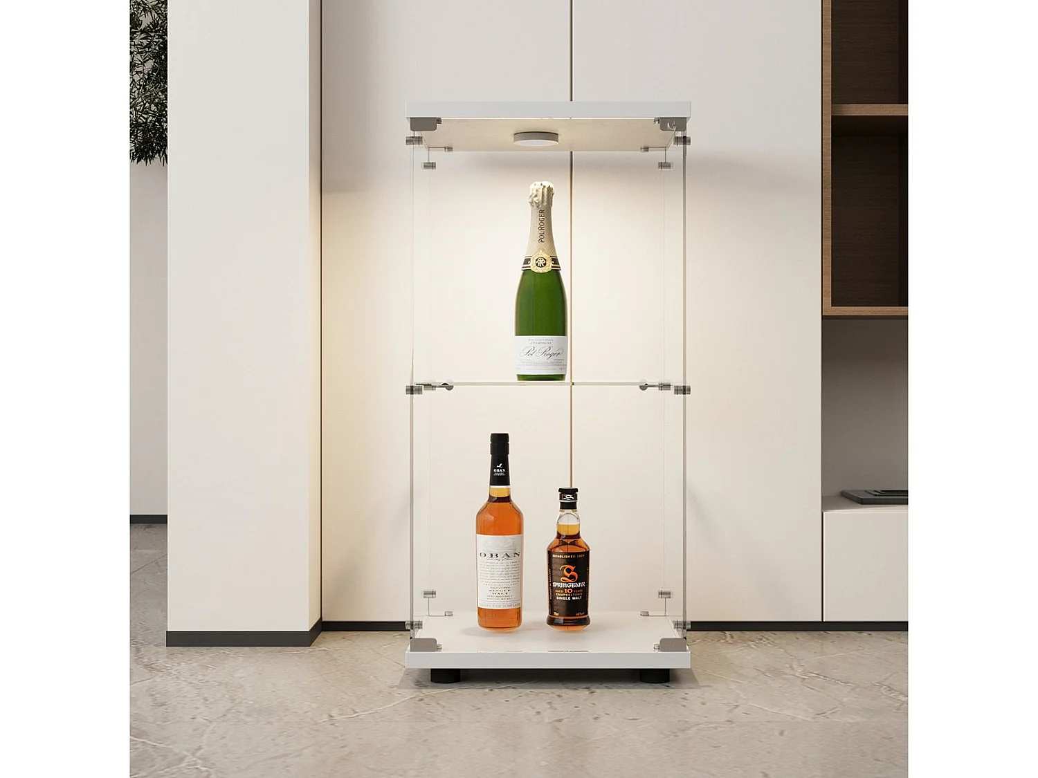 Vitrine en Verre avec LED, Armoir de Vitrine pour Collection Moderne avec 1 Portes et 2 étagères en Verre ESG, pour Le Bar, Le Salon, 86 x 43 x 37 cm, Blanc