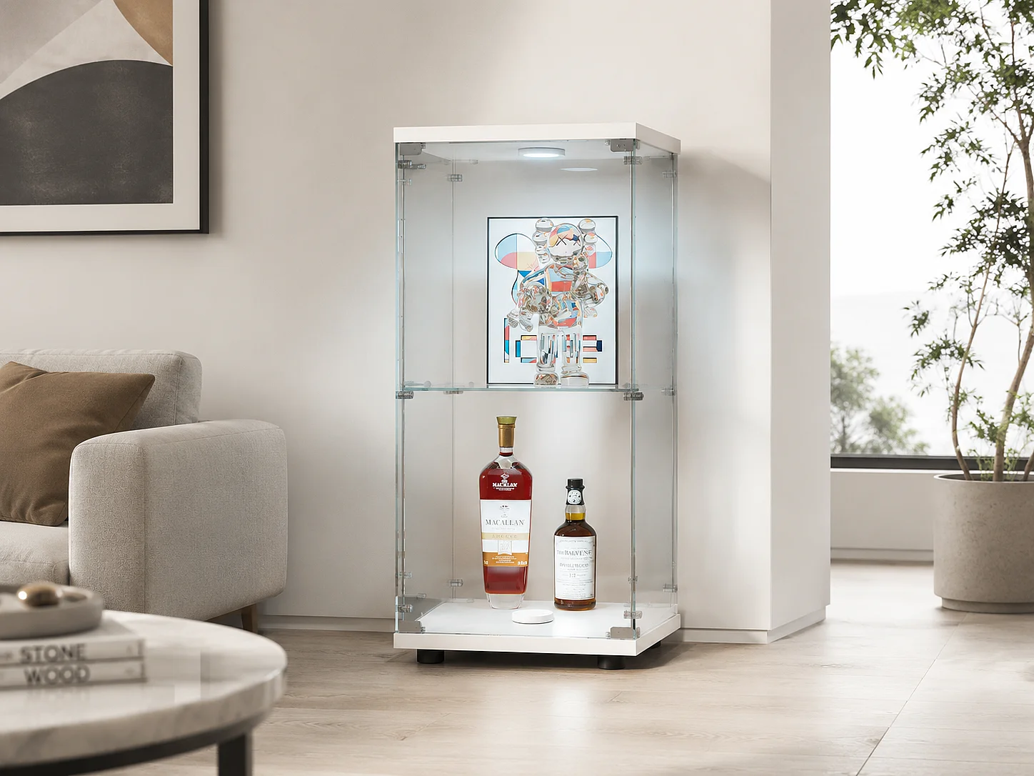 Vitrine en Verre avec LED, Armoir de Vitrine pour Collection Moderne avec 1 Portes et 2 étagères en Verre ESG, pour Le Bar, Le Salon, 86 x 43 x 37 cm, Blanc