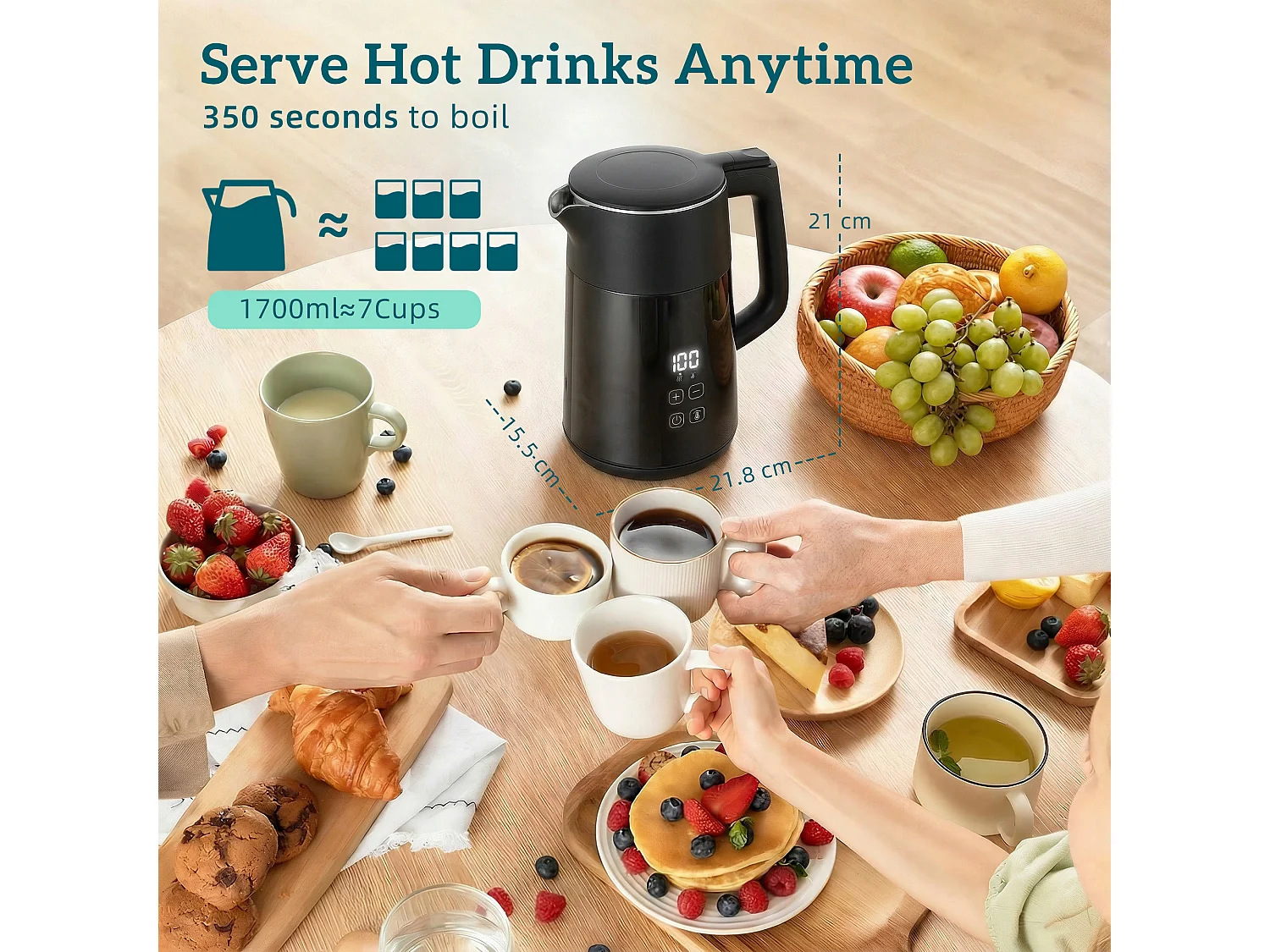 HOMCOM 1.7L Fast Boil 3000W Electric Kettle with LED Display, Black