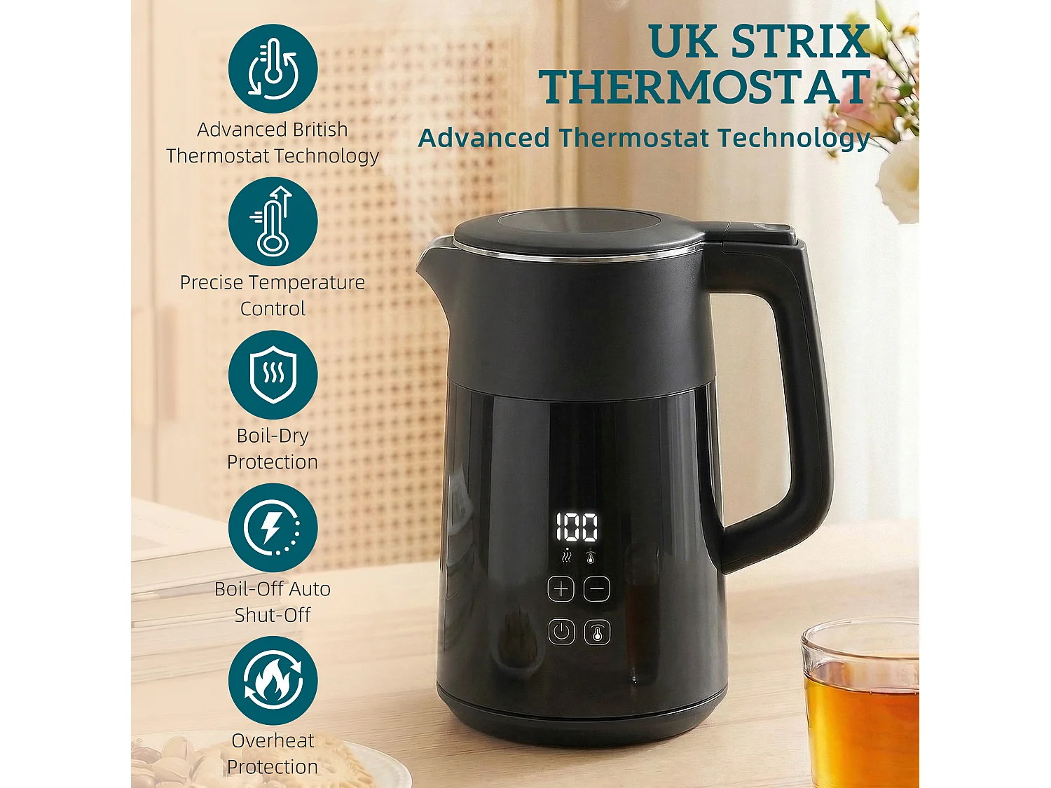 HOMCOM 1.7L Fast Boil 3000W Electric Kettle with LED Display, Black