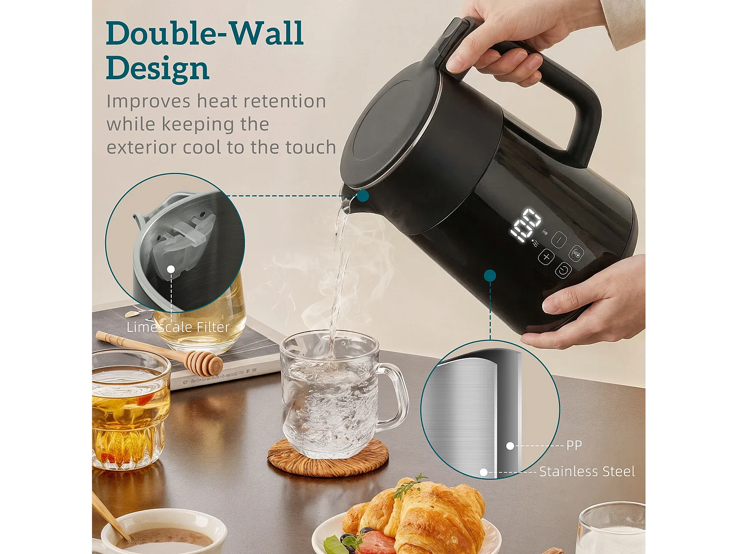 HOMCOM 1.7L Fast Boil 3000W Electric Kettle with LED Display, Black