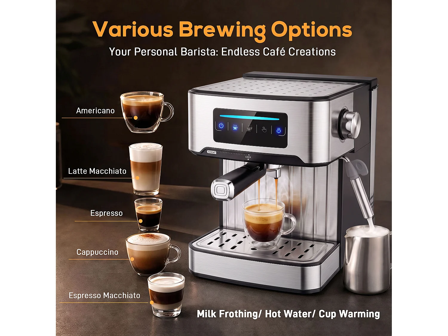 HOMCOM Espresso Machine, 20-Bar, 1.6 L Tank, LED Touch, Black
