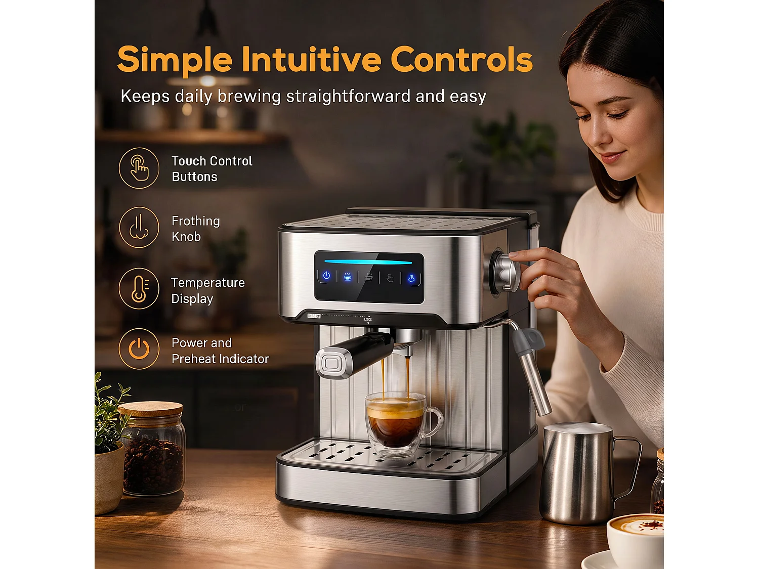 HOMCOM Espresso Machine, 20-Bar, 1.6 L Tank, LED Touch, Black