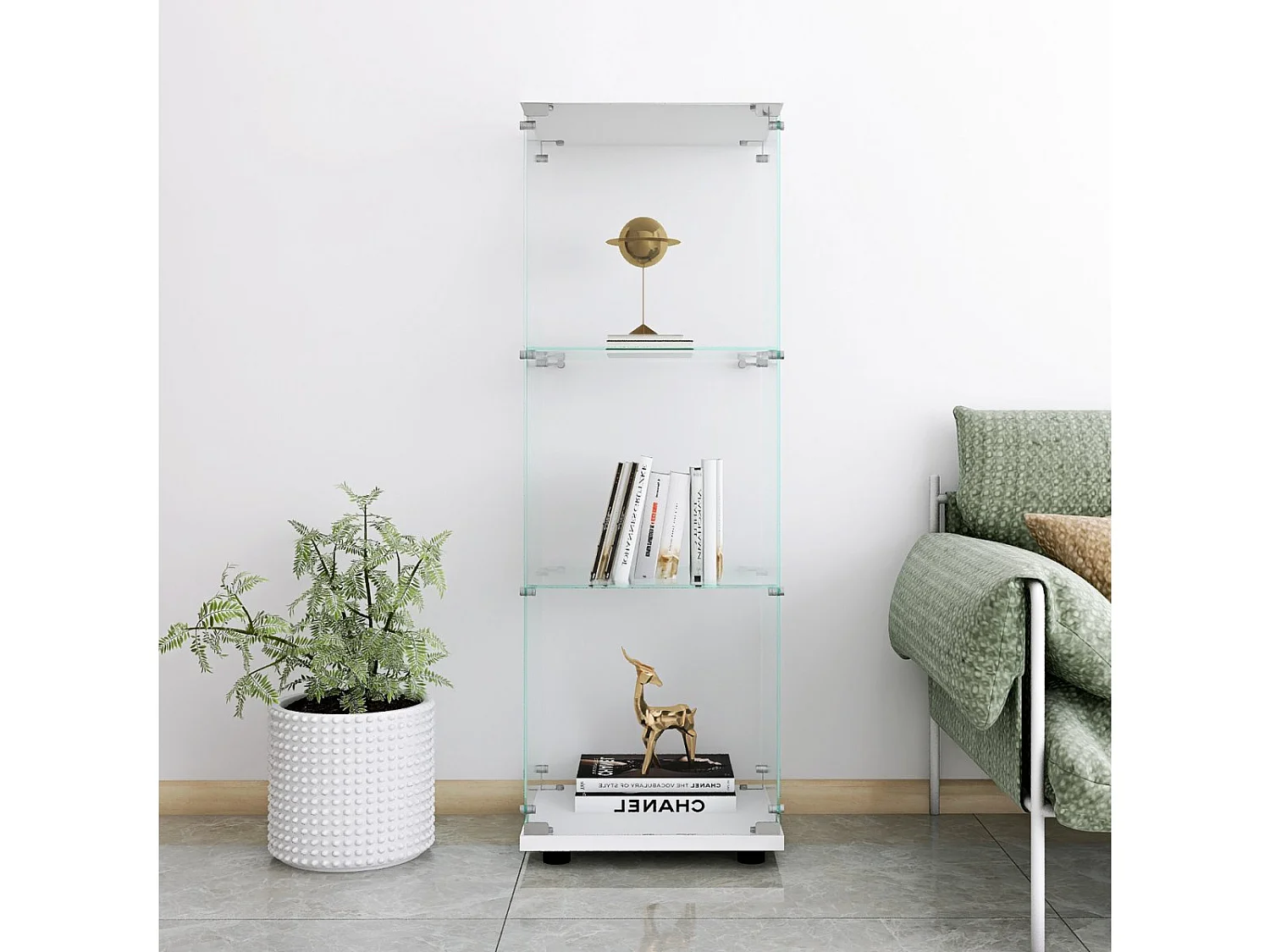 Vitrine en Verre Blanc, Armoire de Vitrine Moderne avec 1 Porte et 3 Étagères en Verre ESG, Meuble d’Exposition pour Collection et Salon, 127 x 44 x 14 cm