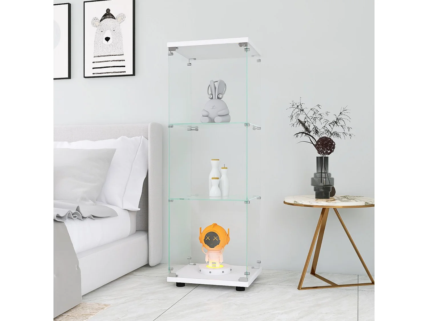 Vitrine en Verre Blanc, Armoire de Vitrine Moderne avec 1 Porte et 3 Étagères en Verre ESG, Meuble d’Exposition pour Collection et Salon, 127 x 44 x 14 cm