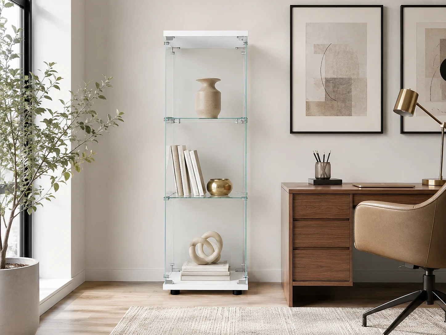 Vitrine en Verre Blanc, Armoire de Vitrine Moderne avec 1 Porte et 3 Étagères en Verre ESG, Meuble d’Exposition pour Collection et Salon, 127 x 44 x 14 cm