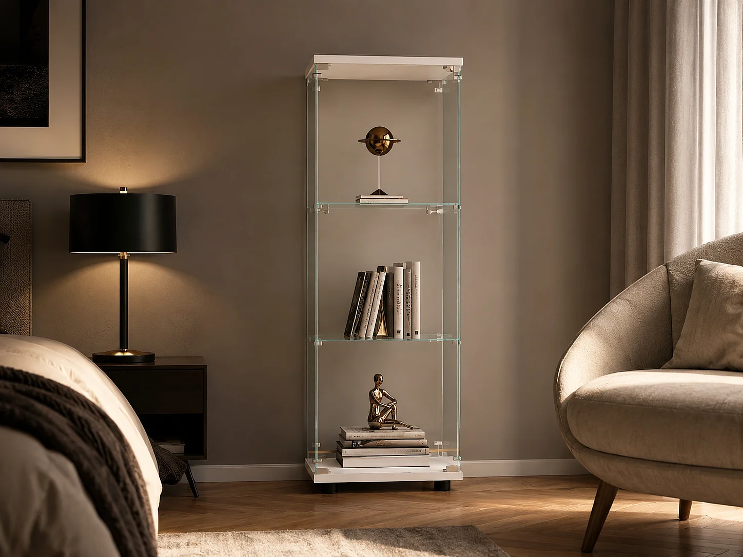 Vitrine en Verre Blanc, Armoire de Vitrine Moderne avec 1 Porte et 3 Étagères en Verre ESG, Meuble d’Exposition pour Collection et Salon, 127 x 44 x 14 cm