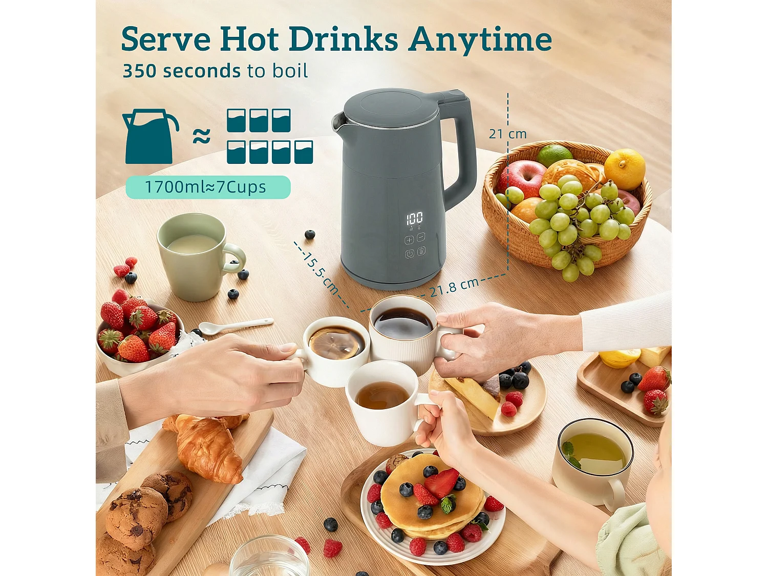 HOMCOM 1.7L Fast Boil 3000W Electric Kettle with LED Display, Grey