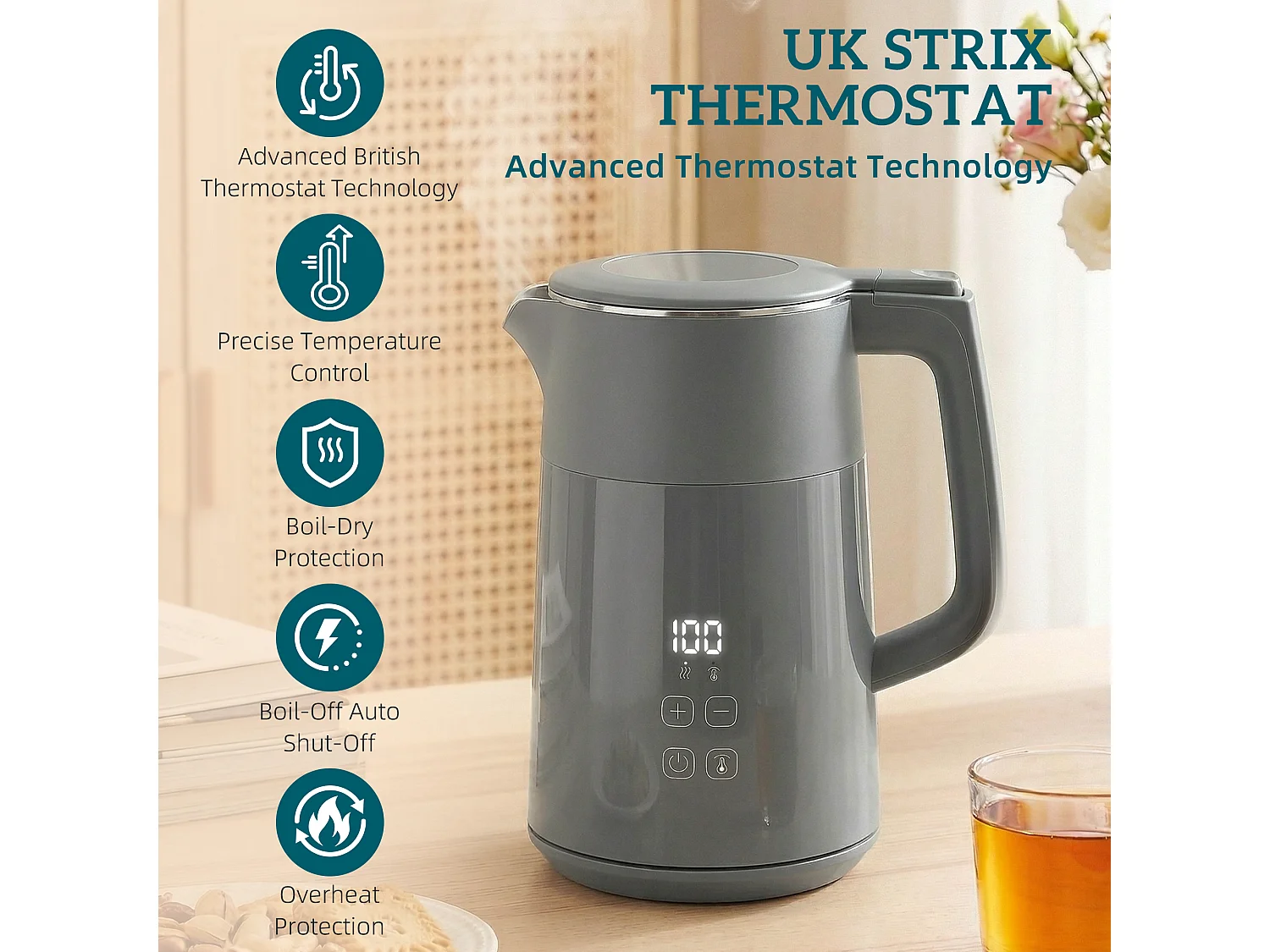 HOMCOM 1.7L Fast Boil 3000W Electric Kettle with LED Display, Grey