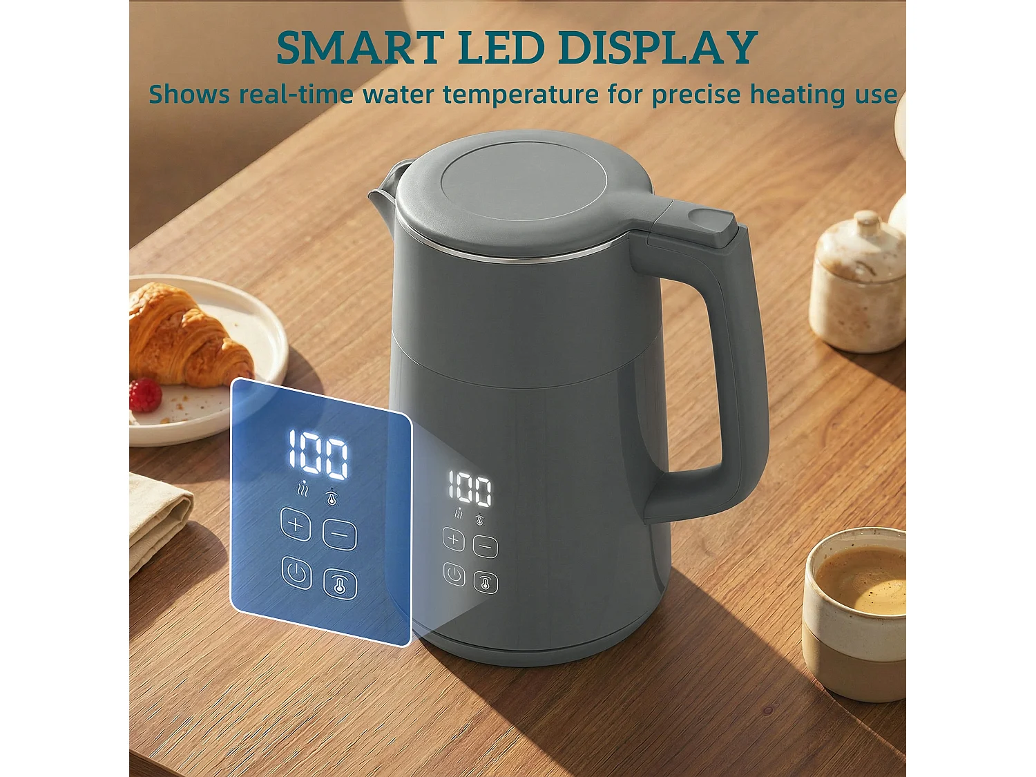 HOMCOM 1.7L Fast Boil 3000W Electric Kettle with LED Display, Grey