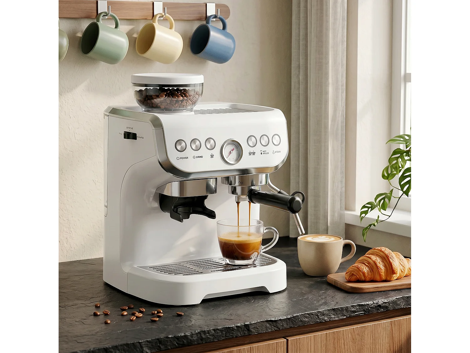 HOMCOM Espresso Machine, Bean Grinder & Steam Wand, 15 Bar Pressure, White