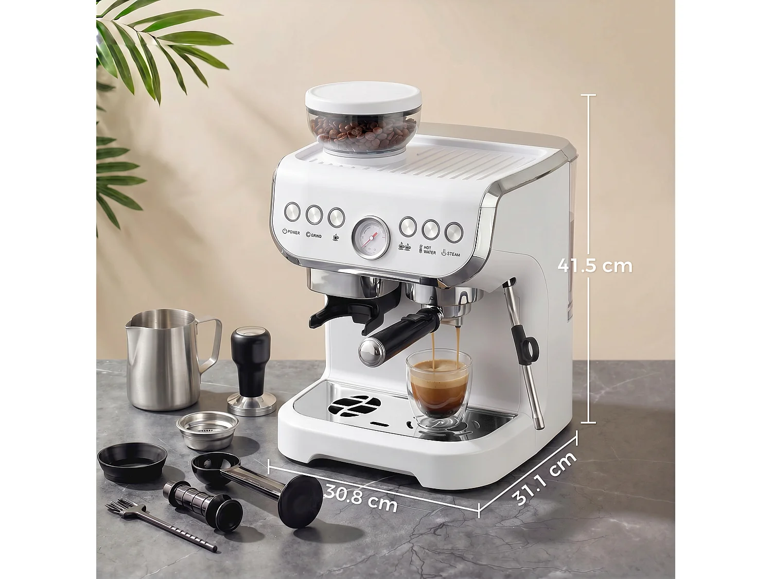 HOMCOM Espresso Machine, Bean Grinder & Steam Wand, 15 Bar Pressure, White