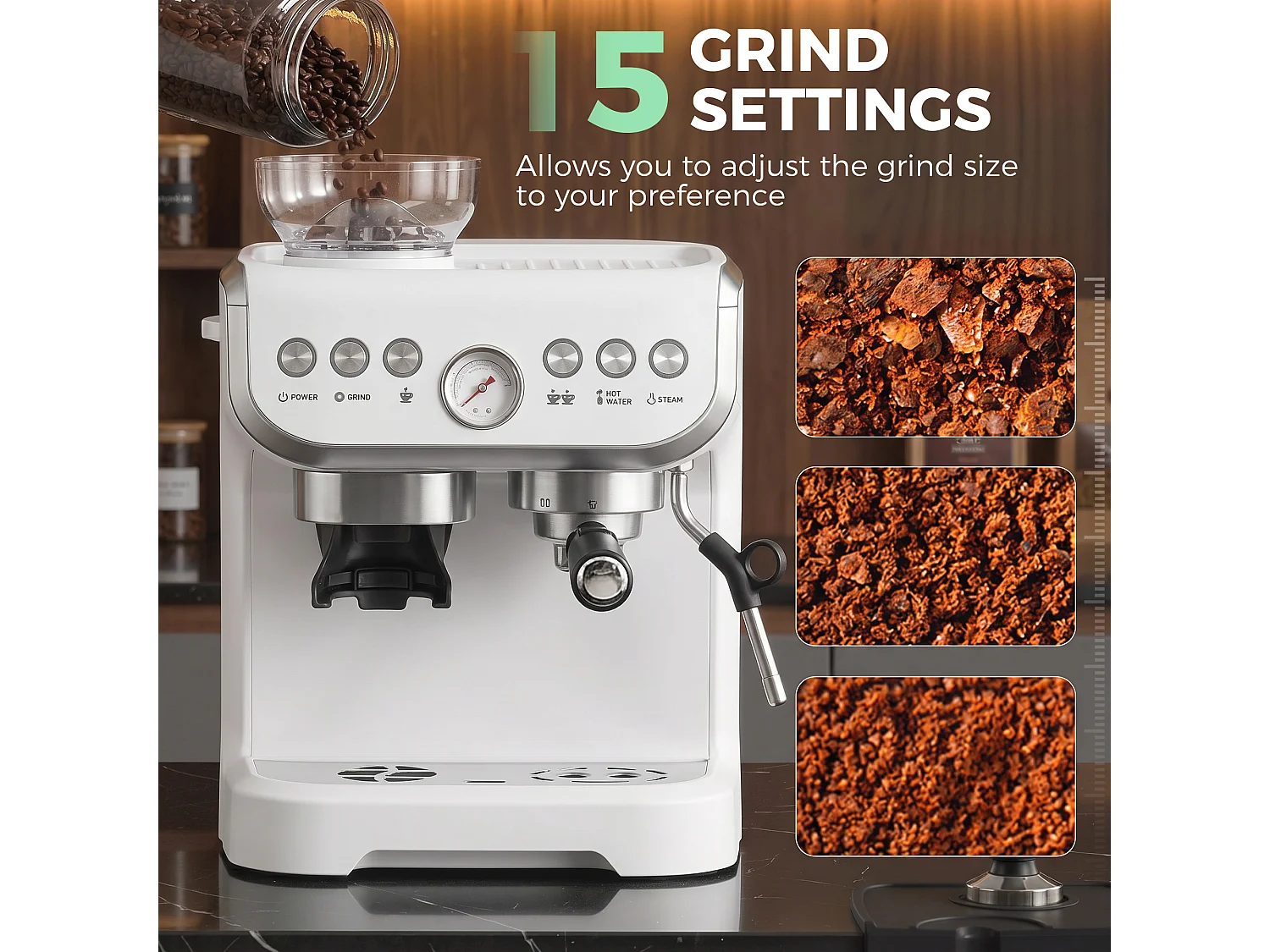 HOMCOM Espresso Machine, Bean Grinder & Steam Wand, 15 Bar Pressure, White