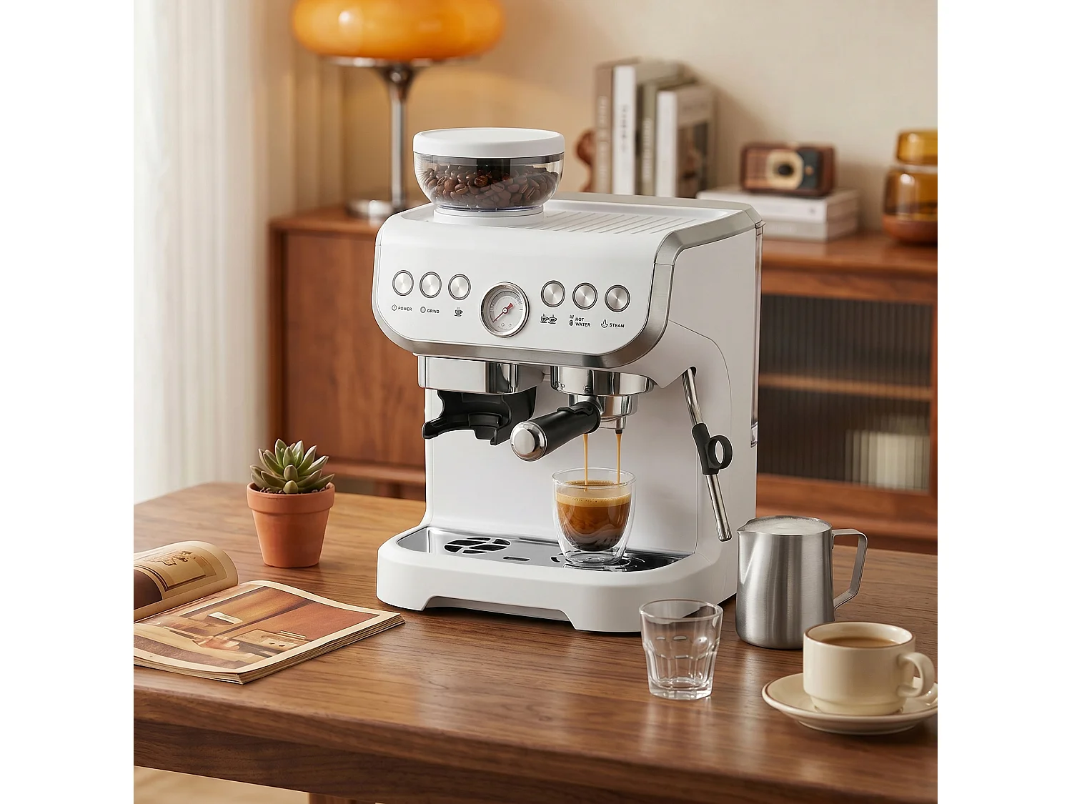 HOMCOM Espresso Machine, Bean Grinder & Steam Wand, 15 Bar Pressure, White